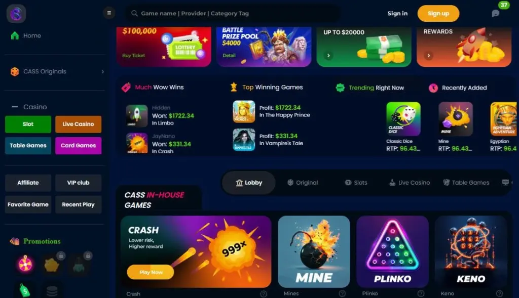 Interface de casino online com variedade de jogos incluindo slots roleta blackjack e poker