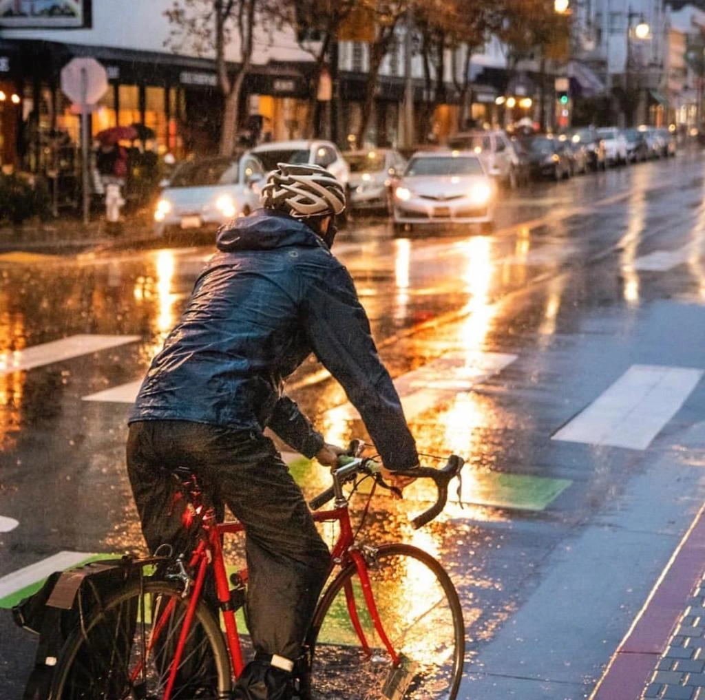 Commuter bike equipada com guarda-lamas e luzes usada em condições de chuva
